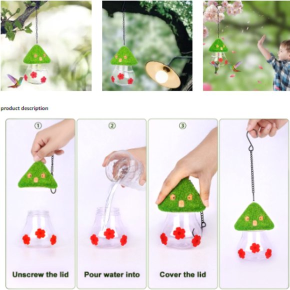 Hummingbird Feeder w/ Green Thatched Roof Style + 3 Red Petal Spouts - Picture 8 of 11